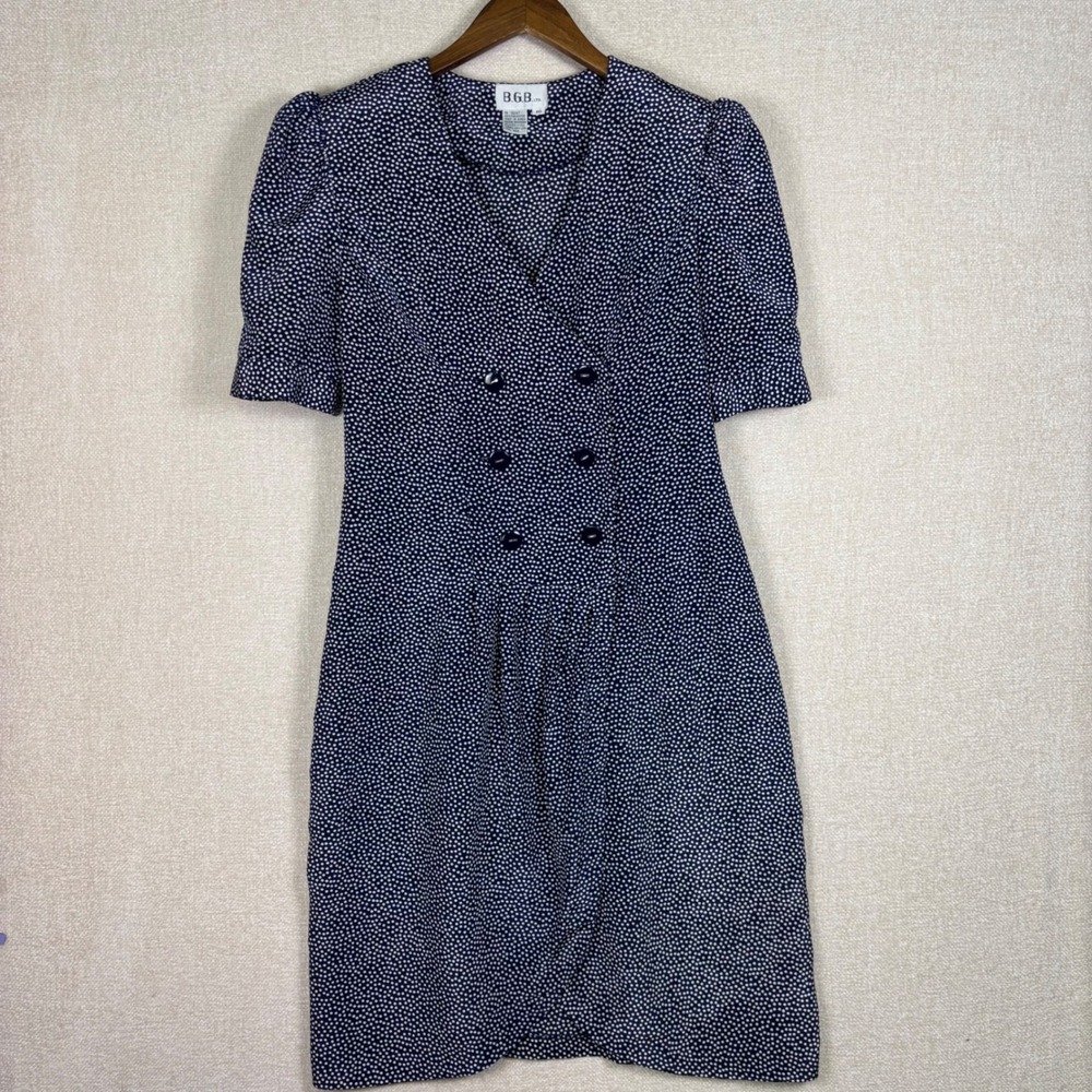 B.G.B. LTD Vintage Polka Dot Dress Navy Blue White Button Front Size 10 Midi
